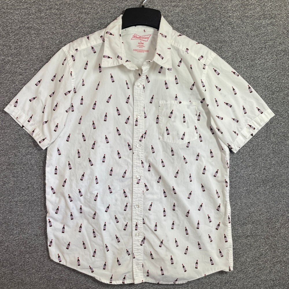 Budweiser Shirt Mens L White Beer Bottle All Over Print Cotton Button Up